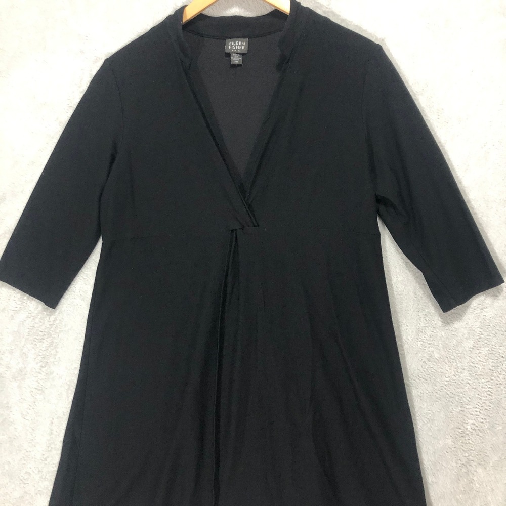 Eileen Fisher‎ Petite Black Dress Tunic 3/4 Sleeve V-Neck Minimalist P/M